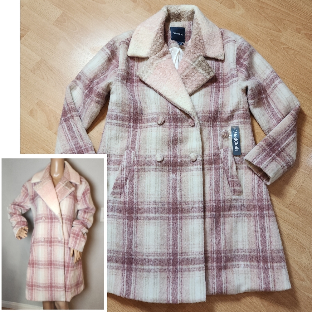 NWT Modcloth Wool Blend Pink Plaid Double Breasted Pea Coat Size Medium